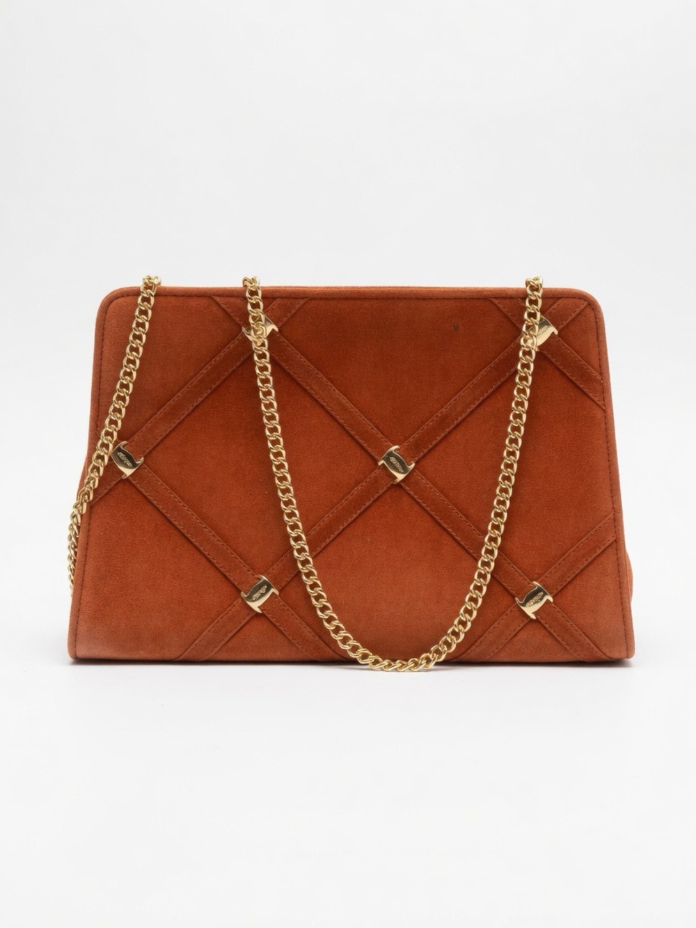 Salvatore Ferragamo Burnt Orange Suede Crossbody Gold Chain